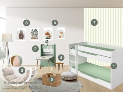 cameretta bambini con letto a castello basso verde